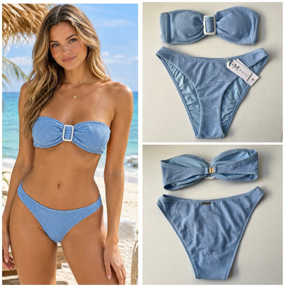 Milly Margot Solid Bandeau Set Small Light Blue 2 Piece Textured Bikini $315 NEW